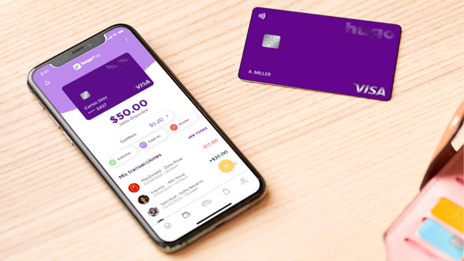 Celular con aplicación hugoPay y tarjeta Visa